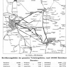 Streckenführung der OEG im Gleisdreieck Mannheim-Weinheim-Heidelberg-Mannheim mit Ausbauprogramm 1927, aus: 75 Jahre OEG 1911-1986