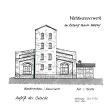 Waldwasserwerk der Zellstofffabrik Waldhof, Aufriss der Ostseite, Zeichnung Curt R. Full April 2000