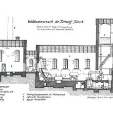 Waldwasserwerk der Zellstofffabrik, Schnitt durch die Anlage (Wasserhochbehälter und Pumpen sind fiktiv), Zeichnung Curt R. Full April 2000