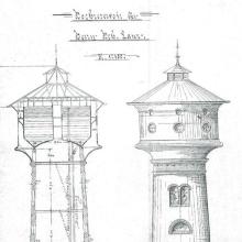 Wasserturm Ansichts- und Schnittzeichnung  von F. + A. Ludwig 1899, (leicht veränderte Ausführung), Marchivum