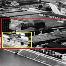 Luftbild rot: Sackfabrik, gelb erhalten, 1933 Quelle Stadtarchiv