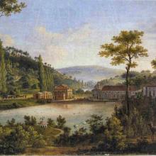 Ein zeitgenössisches Gemälde des Werks mit See und Park (Quelle: landschaftspark-von-gienanth.de/historie)