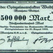 500.000 Mark-Gutschein der Spiegelmanufaktur Waldhof von 1923