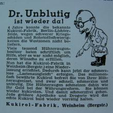 Dr.Unblutig - Anzeige von 1948 in der Festschrift 30 JAHRE KUKIROL-FABRIK