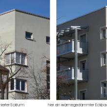 Vergleich vor und nach der Sanierung eines Eckturms (Foto: Ritter 2012)