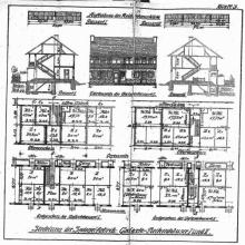 verschiedene Typen der Galerie-Reihenhäuser (Ansicht, Schnitt, Grundriss, Lageplan 1921)