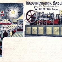 Postkarte als Badenia-Werbung: Lokomobile mit Generator beleuchtet Vergnügungsplatz. - Quelle: Stadtarchiv Weinheim