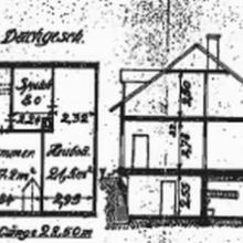 Eisenbahnersiedlung, Reihen-Einfamilienhäuser Ansicht, Grundriss, Querschnitt 1875 (nicht erhalten).