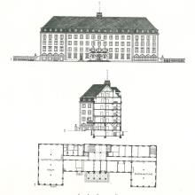 Siemenshaus, Ansichts-, Schnitt- und Grundrisszeichnung um 1925
