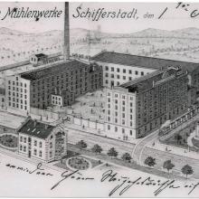 Stich um 1900: Die Pfalzmühle und die beiden Direktions-Gebäude